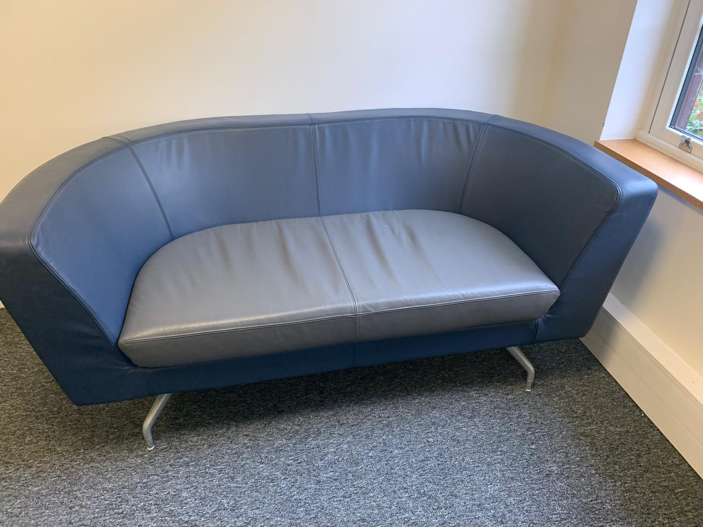 Twin matching set of Orangebox Cwtch navy blue and contrast grey leather sofas (160cm x 80cm)