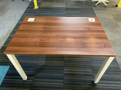 Walnut finish study desk with contrasting white legs and modesty panel 120cm x 80cm