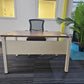 Walnut finish study desk with contrasting white legs and modesty panel 120cm x 80cm