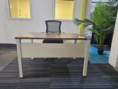 Walnut finish study desk with contrasting white legs and modesty panel 120cm x 80cm