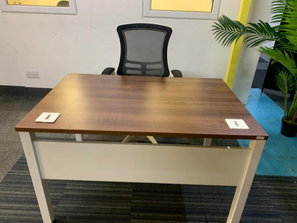 Walnut finish study desk with contrasting white legs and modesty panel 120cm x 80cm