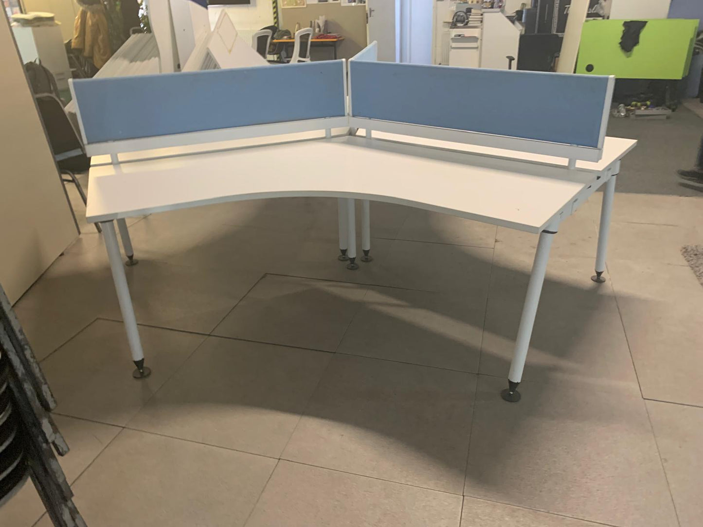 Three person office bench desk in white, 3 seater arc table