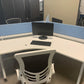 Three person office bench desk in white, 3 seater arc table