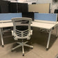 Three person office bench desk in white, 3 seater arc table