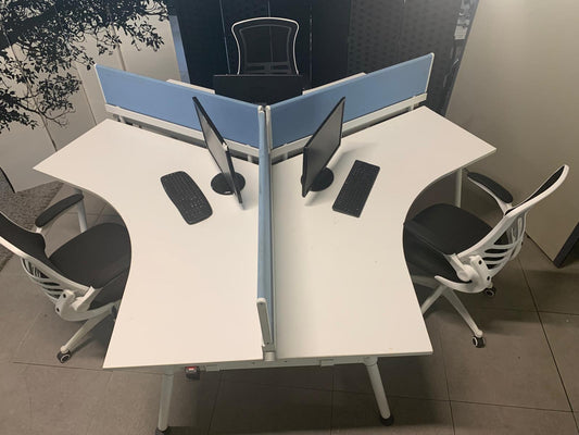 Three person office bench desk in white, 3 seater arc table