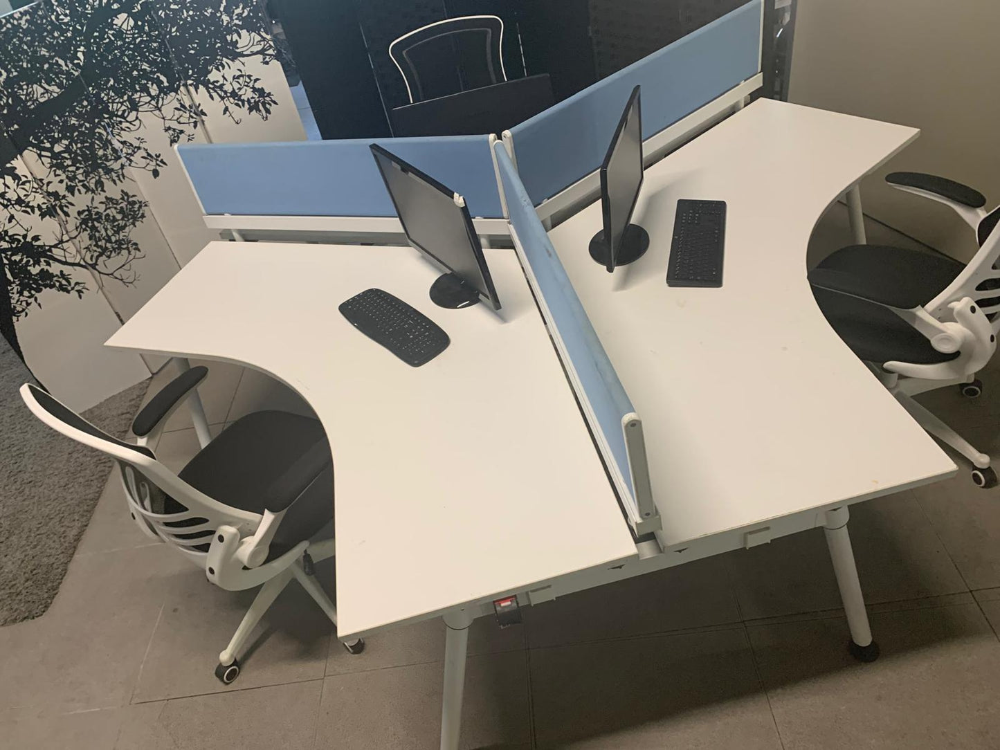 Three person office bench desk in white, 3 seater arc table