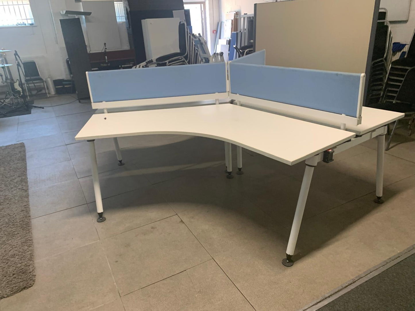 Three person office bench desk in white, 3 seater arc table