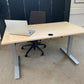 Light brown electric stand up office desk, sit stand height adjustable table in maple finish