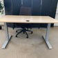 Light brown electric stand up office desk, sit stand height adjustable table in maple finish