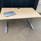 Light brown electric stand up office desk, sit stand height adjustable table in maple finish