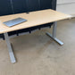 Light brown electric stand up office desk, sit stand height adjustable table in maple finish