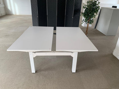 White 2 seater office electric sit stand desk, height adjustable, 2 pod Table