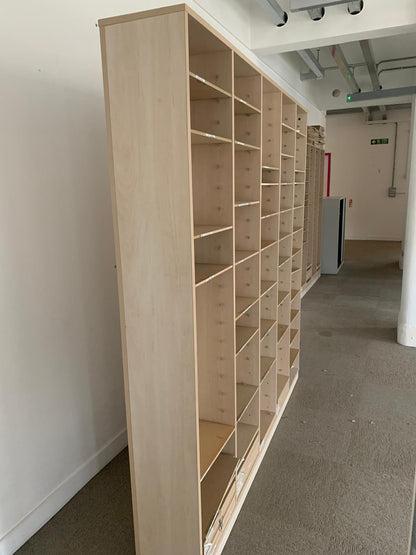 Used Pigeon hole storage unit wooden h 190cm x w 186cm x d 27cm