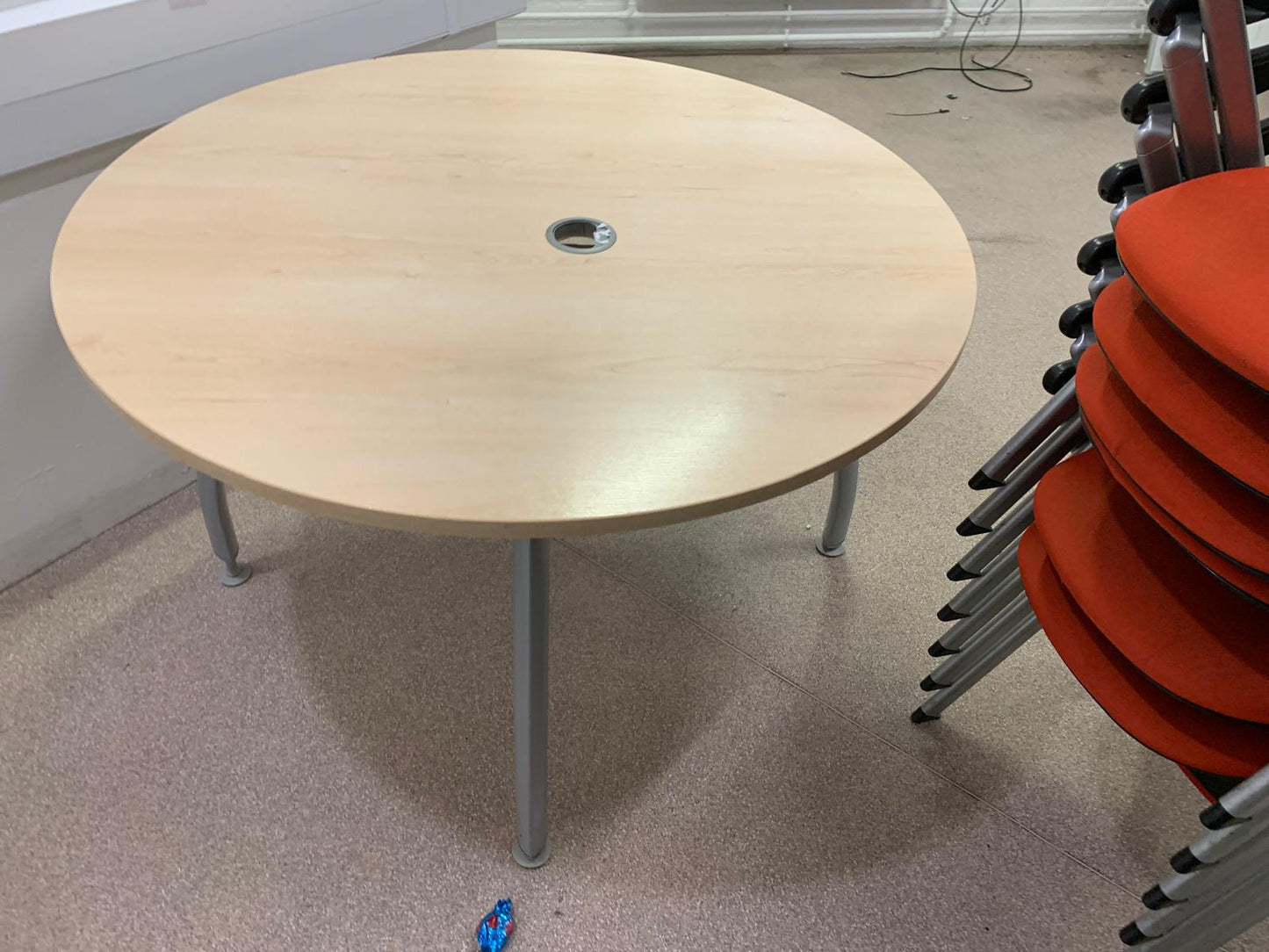 Used Round Office Breakout Meeting Table 120cm in Beech - Cable port