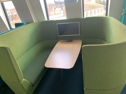 Used Orangebox Cwtch Sofa Booth Collaborative Privacy  6 Seater including table apple green