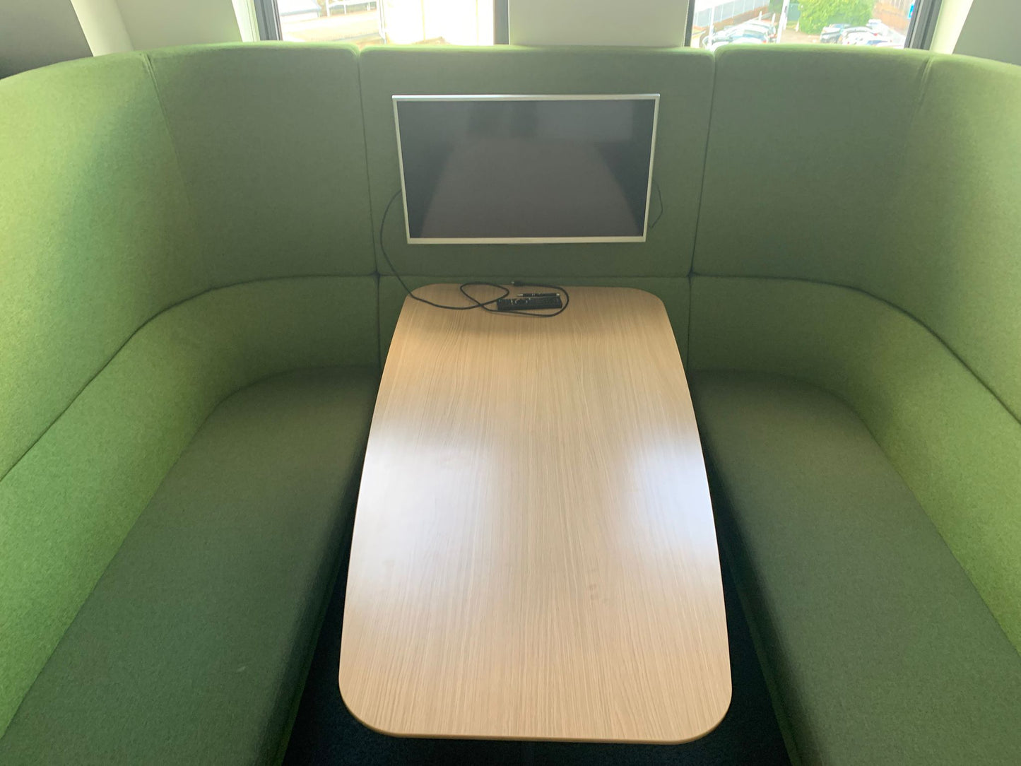Used Orangebox Cwtch Sofa Booth Collaborative Privacy  6 Seater including table apple green