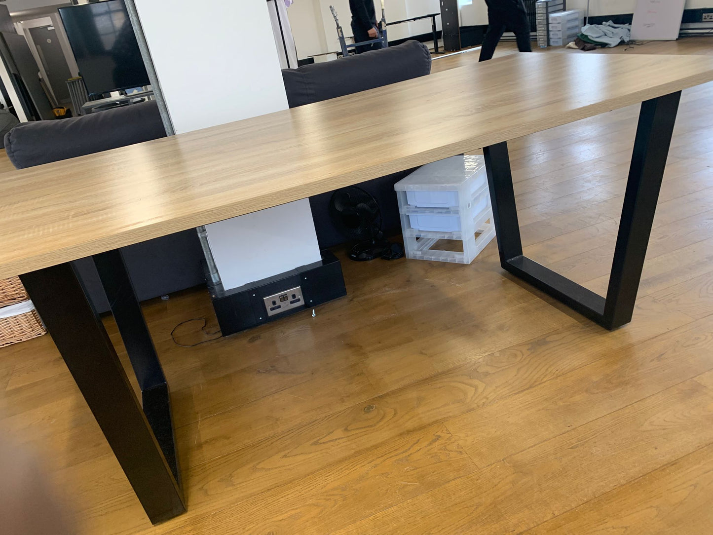 Used Wood Oak Office Desk Table With Black Industrial Legs Square legs Dining table. £399