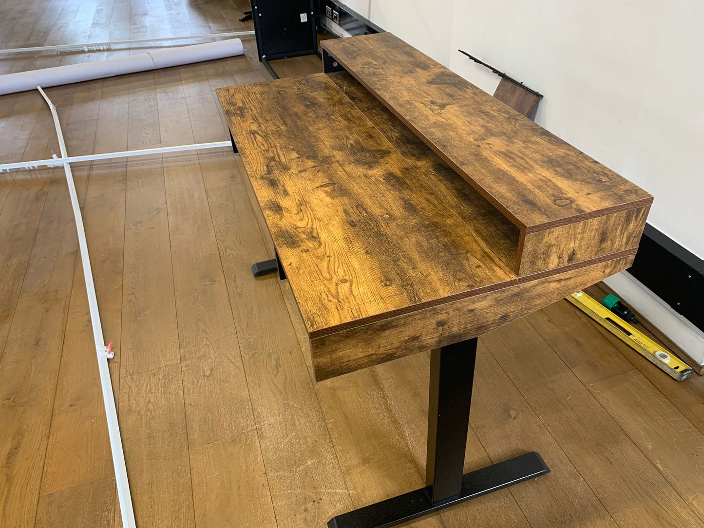 Used Electric sit stand height adjustable rustic wood finish desk