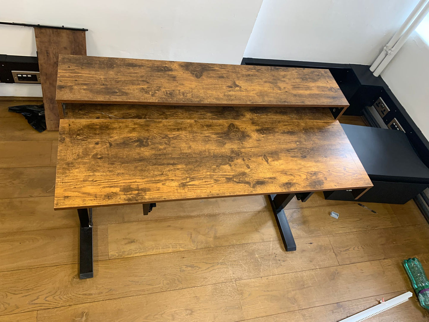 Used Electric sit stand height adjustable rustic wood finish desk