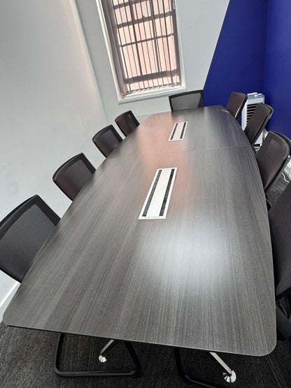 Used Office Boardroom Meeting Table Anthracite chrome Comms Boxes plus 10 x Chairs 304cm x 120xm