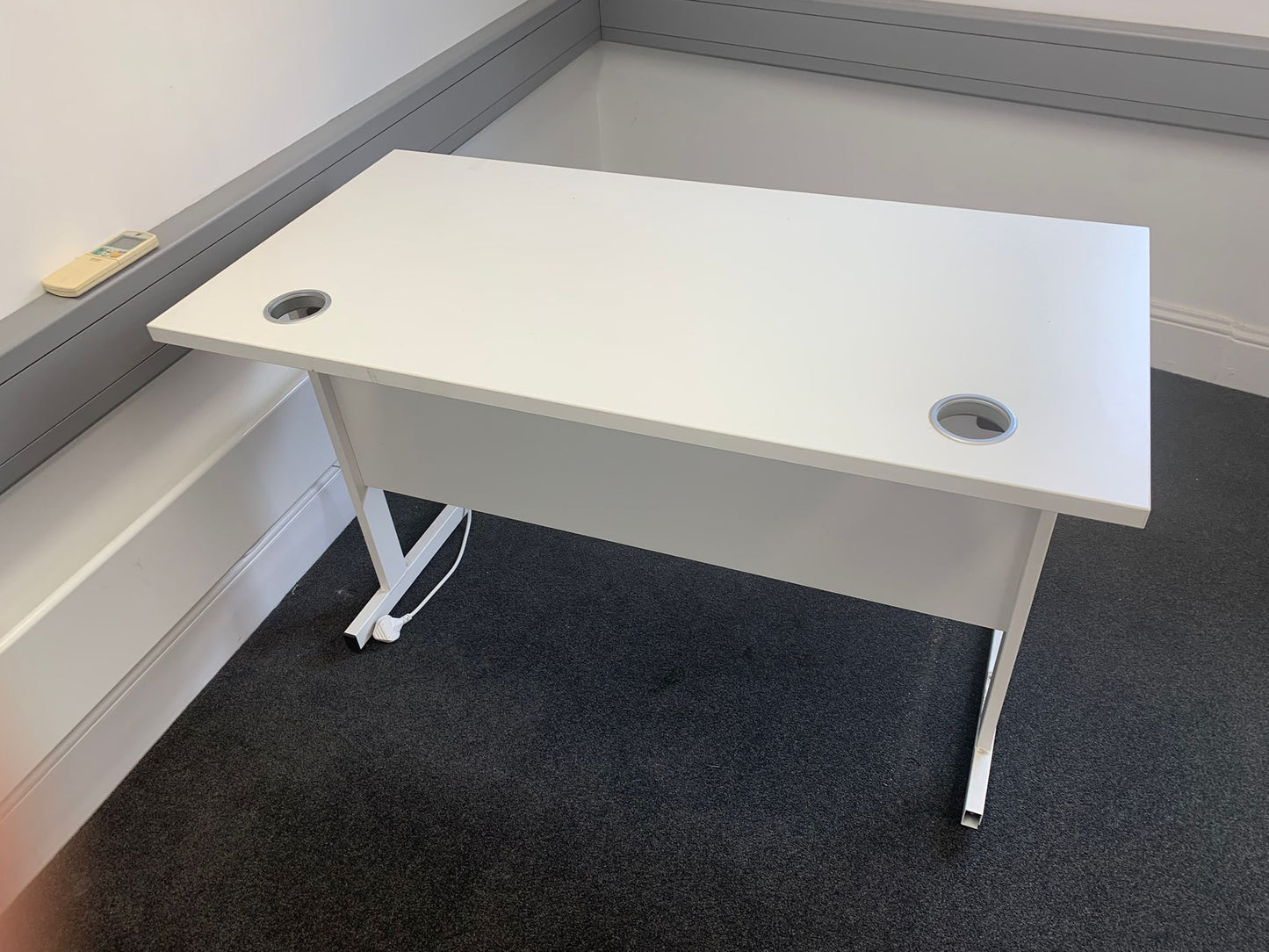 Used Office desk white single freestanding cantilever cable port holes 120cm x 60cm