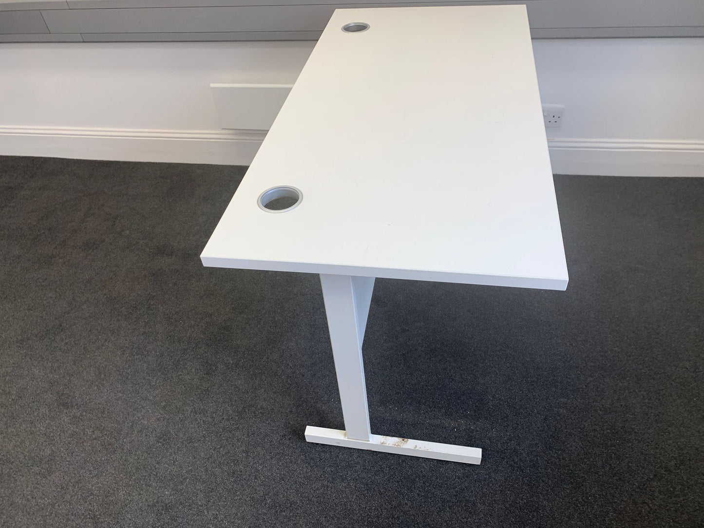 Used Office desk white single freestanding cantilever cable port holes 120cm x 60cm