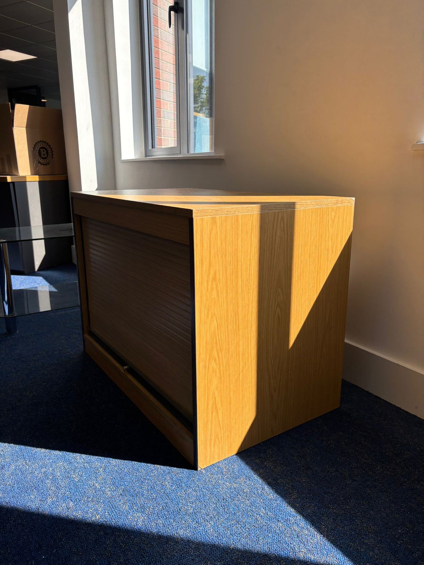 Used Wood finish Office Cupboard boardroom  storage roller door H 68cm W 93cm D 55cm