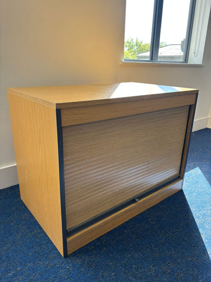 Used Wood finish Office Cupboard boardroom  storage roller door H 68cm W 93cm D 55cm