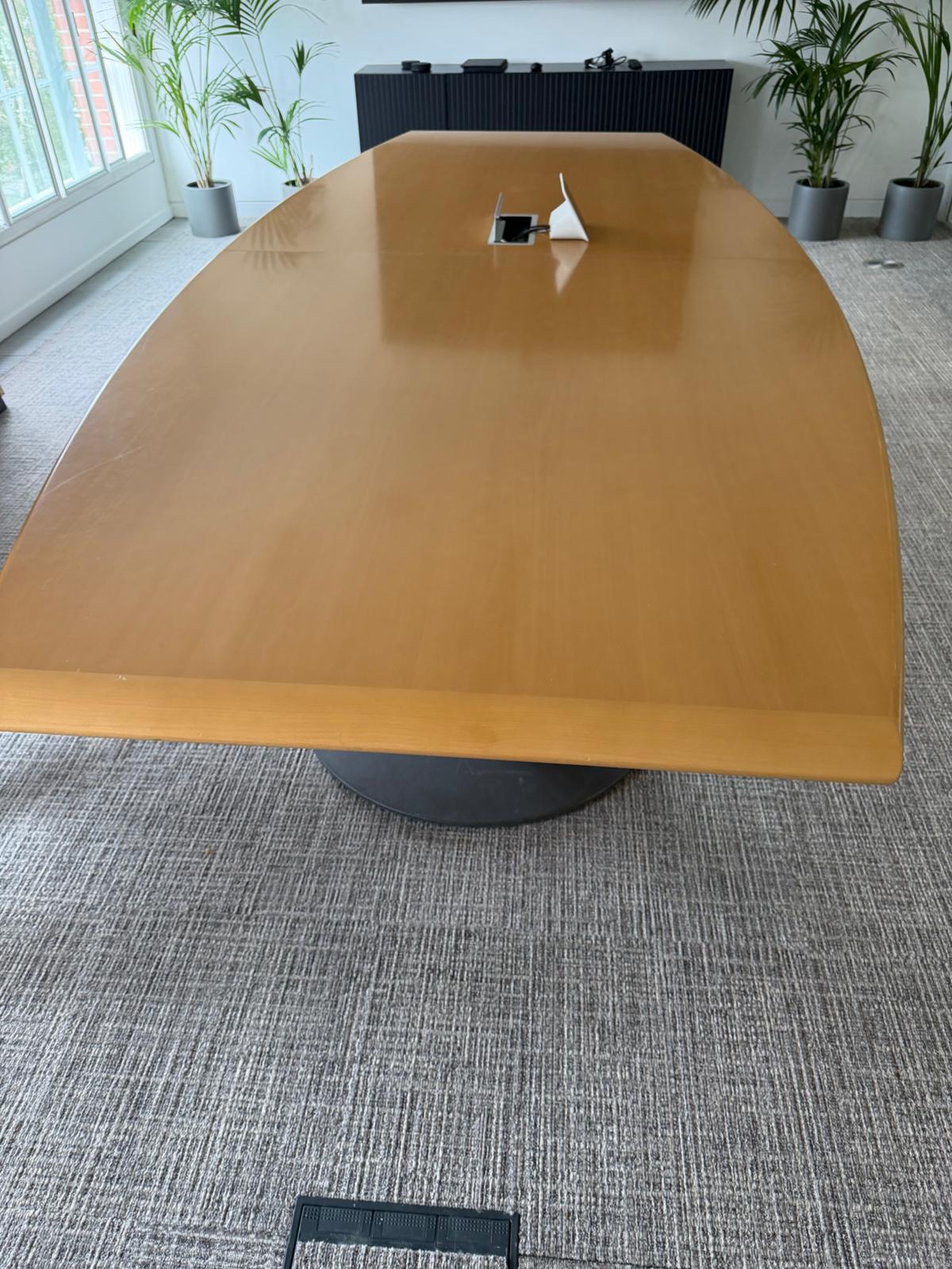 Used Bene wood finish boardroom meeting table, seats 10 - 12 persons with cable outlet 360cm x 155cm (104cm at end)