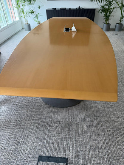Used Bene wood finish boardroom meeting table, seats 10 - 12 persons with cable outlet 360cm x 155cm (104cm at end)