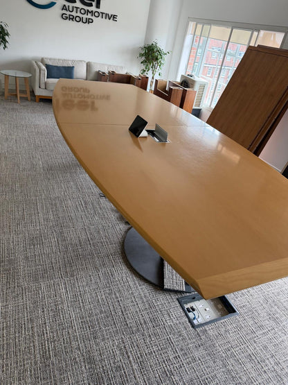 Used Bene wood finish boardroom meeting table, seats 10 - 12 persons with cable outlet 360cm x 155cm (104cm at end)