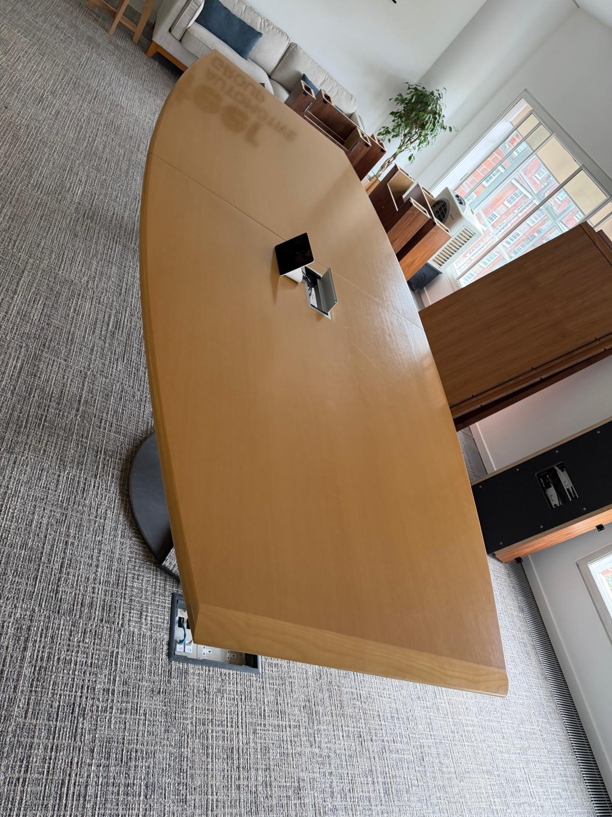 Used Bene wood finish boardroom meeting table, seats 10 - 12 persons with cable outlet 360cm x 155cm (104cm at end)