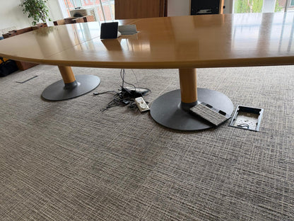 Used Bene wood finish boardroom meeting table, seats 10 - 12 persons with cable outlet 360cm x 155cm (104cm at end)