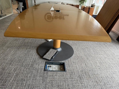 Used Bene wood finish boardroom meeting table, seats 10 - 12 persons with cable outlet 360cm x 155cm (104cm at end)