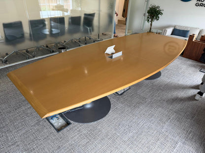 Used Bene wood finish boardroom meeting table, seats 10 - 12 persons with cable outlet 360cm x 155cm (104cm at end)