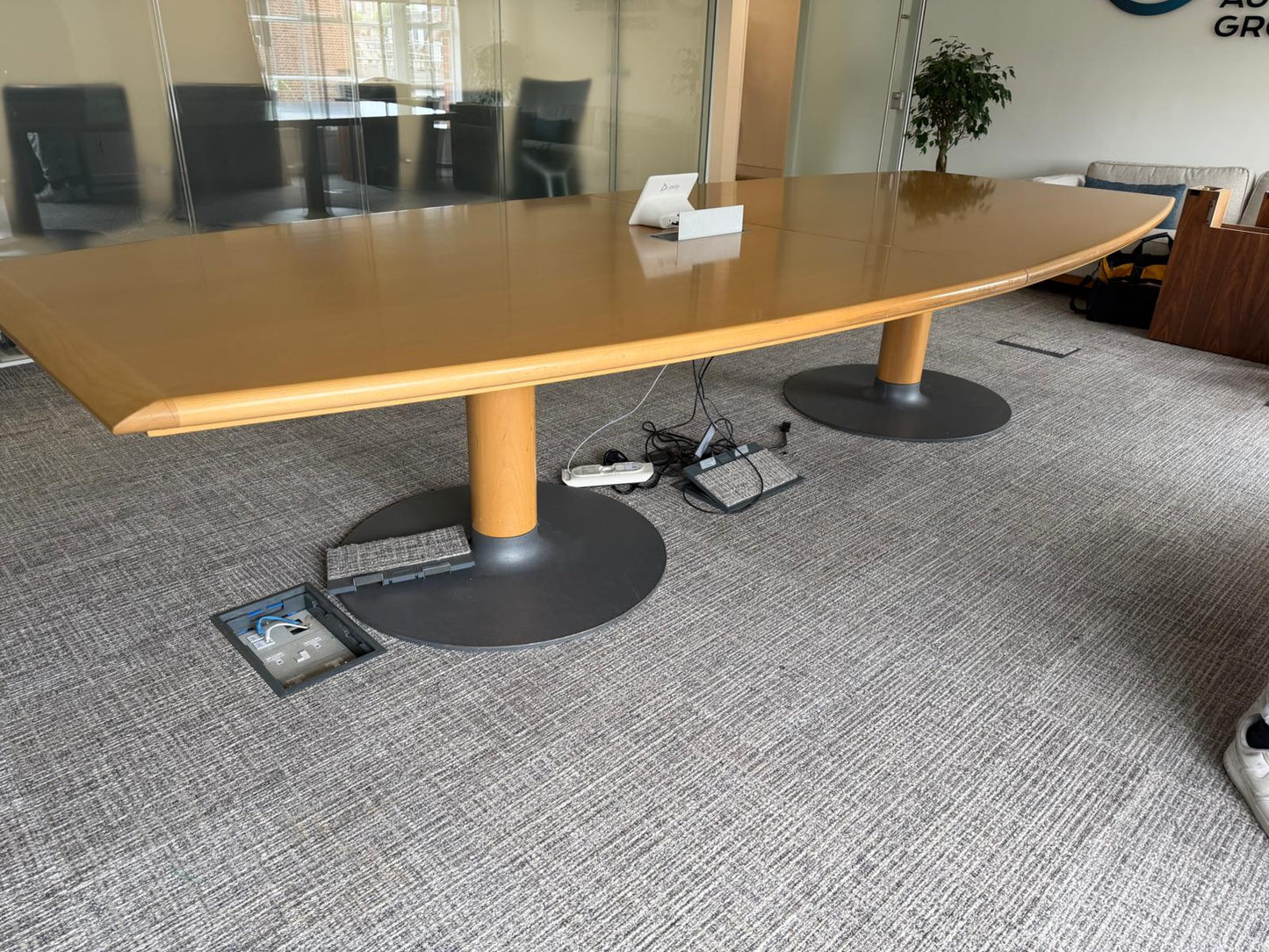 Used Bene wood finish boardroom meeting table, seats 10 - 12 persons with cable outlet 360cm x 155cm (104cm at end)