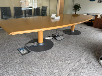 Used Bene wood finish boardroom meeting table, seats 10 - 12 persons with cable outlet 360cm x 155cm (104cm at end)