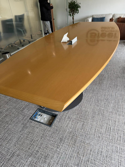 Used Bene wood finish boardroom meeting table, seats 10 - 12 persons with cable outlet 360cm x 155cm (104cm at end)