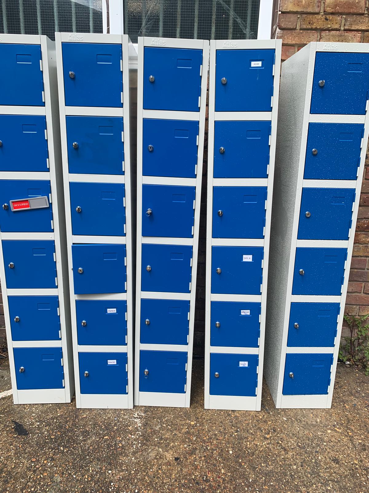 Used Atlas lockers metal blue grey chassis 6 door configuration lockable for individual person security £79 each