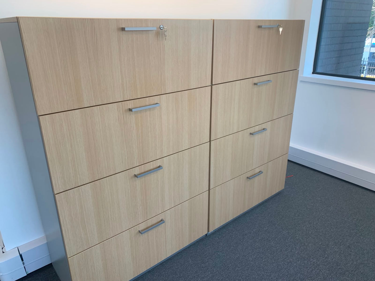 Preowned 4 Drawer Lateral Filing storage Unit cabinet Maple Heavy duty melamine front W 100cm D 45cm H 154.5cm