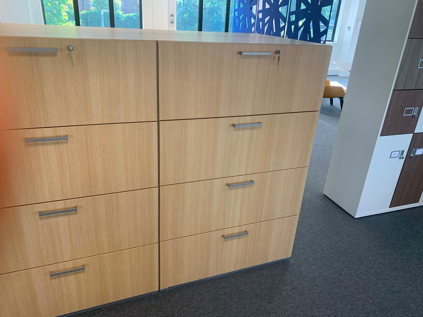 Preowned 4 Drawer Lateral Filing storage Unit cabinet Maple Heavy duty melamine front W 100cm D 45cm H 154.5cm