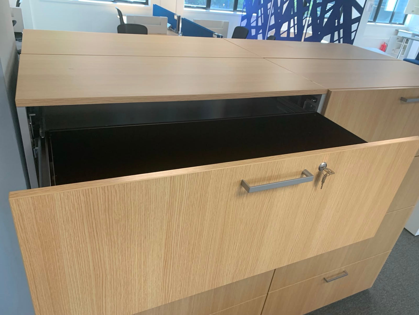 Preowned 4 Drawer Lateral Filing storage Unit cabinet Maple Heavy duty melamine front W 100cm D 45cm H 154.5cm