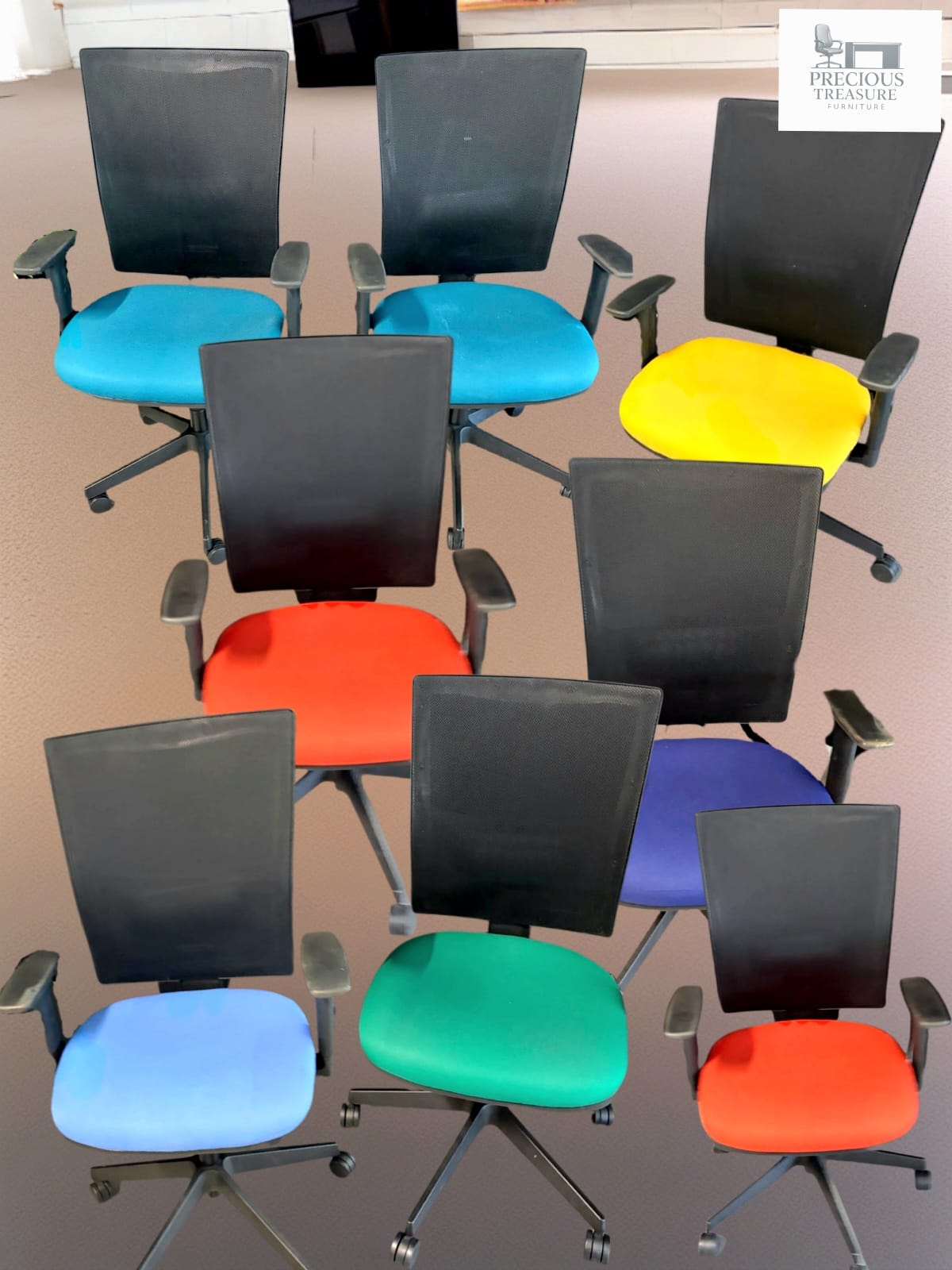Used multicoloured office chair bundle x  9 chairs ergonomic swivel red green yellow etc
