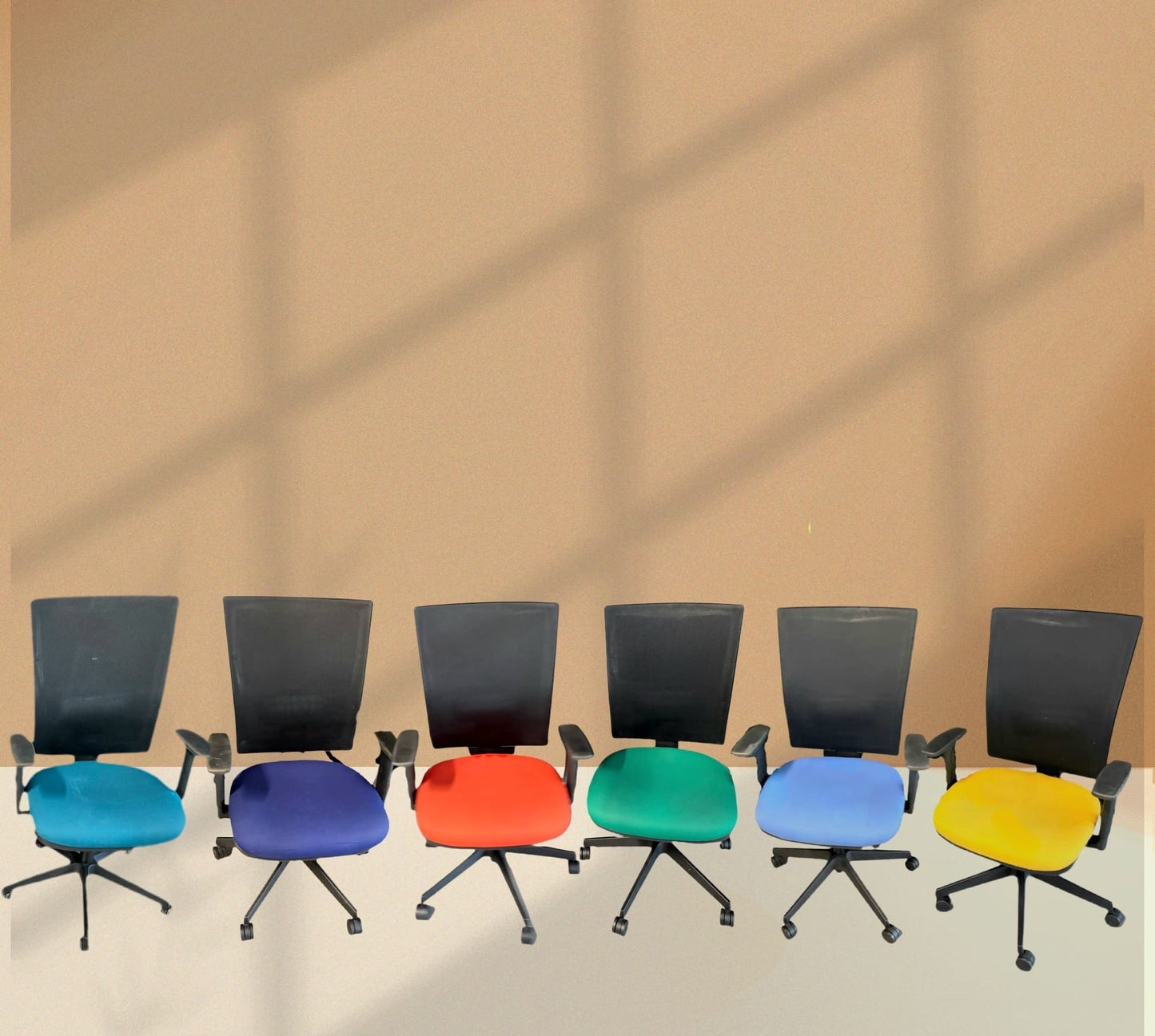 Used multicoloured office chair bundle x  9 chairs ergonomic swivel red green yellow etc