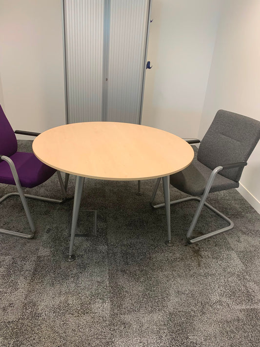 Second hand Herman miller office breakout circular metal legs maple top table 120cm diameter