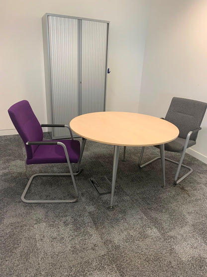 Second hand Herman miller office breakout circular metal legs maple top table 100cm diameter