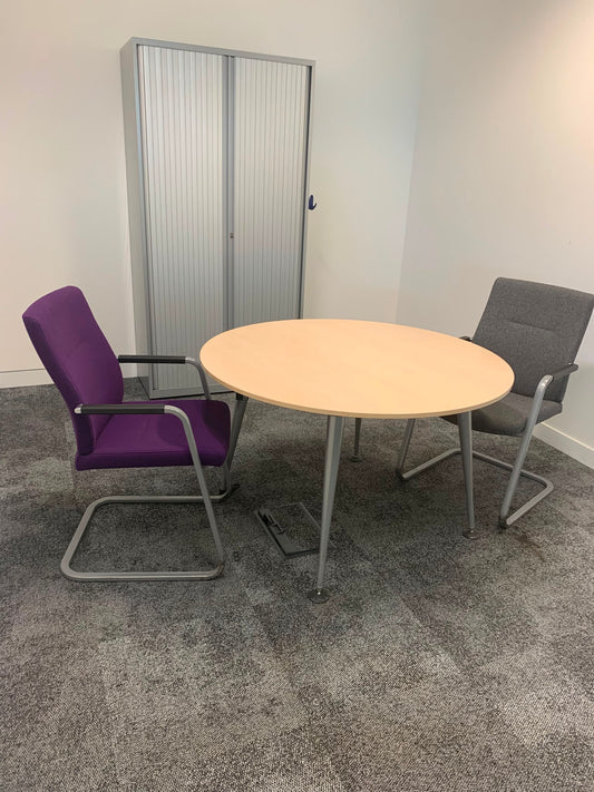 Second hand Herman miller office breakout circular metal legs maple top table 100cm diameter