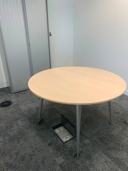 Second hand Herman miller office breakout circular metal legs maple top table 100cm diameter