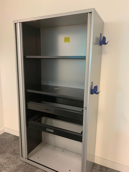 Preowned Tambour Grey Metal Double Rolling Doors Office storage 195.5cm h 100cm w 47cm d