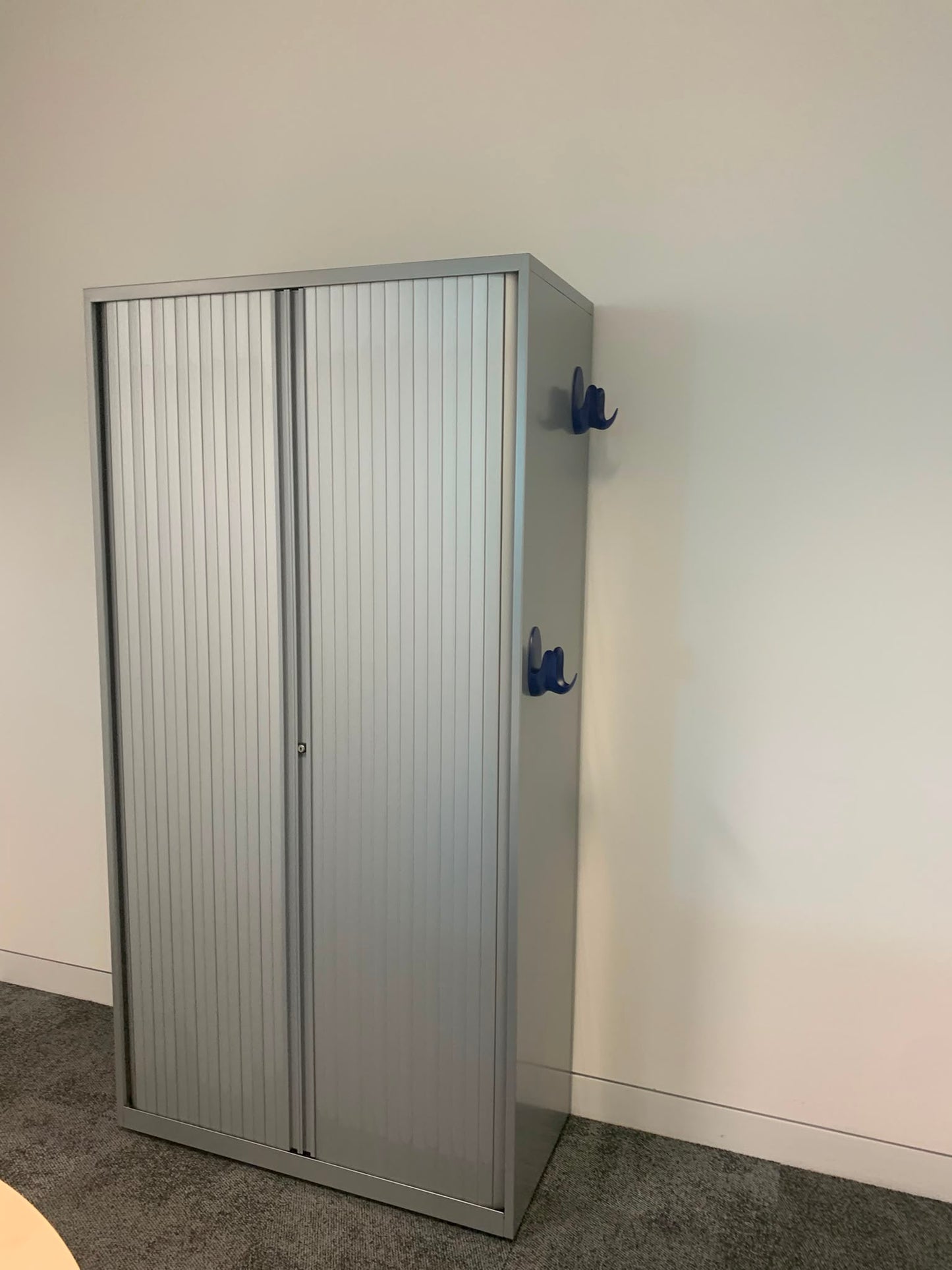 Preowned Tambour Grey Metal Double Rolling Doors Office storage 195.5cm h 100cm w 47cm d